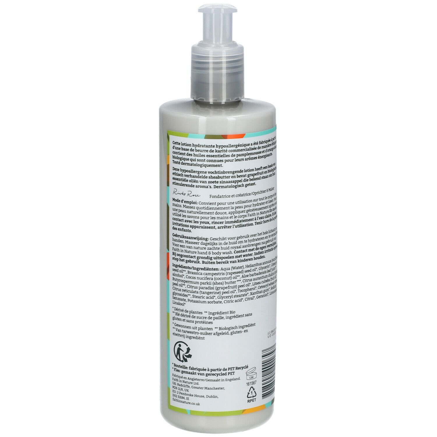 Dos du flacon de lotion. Texte : ingrédients, informations, certifications. 400ml.