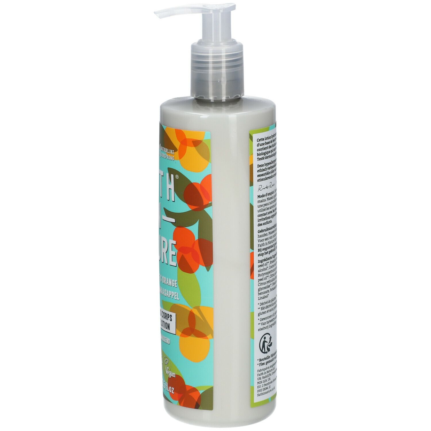 Flacon de lotion, côté. Inscription : Faith In Nature, Pamplemousse & Orange. 400ml.