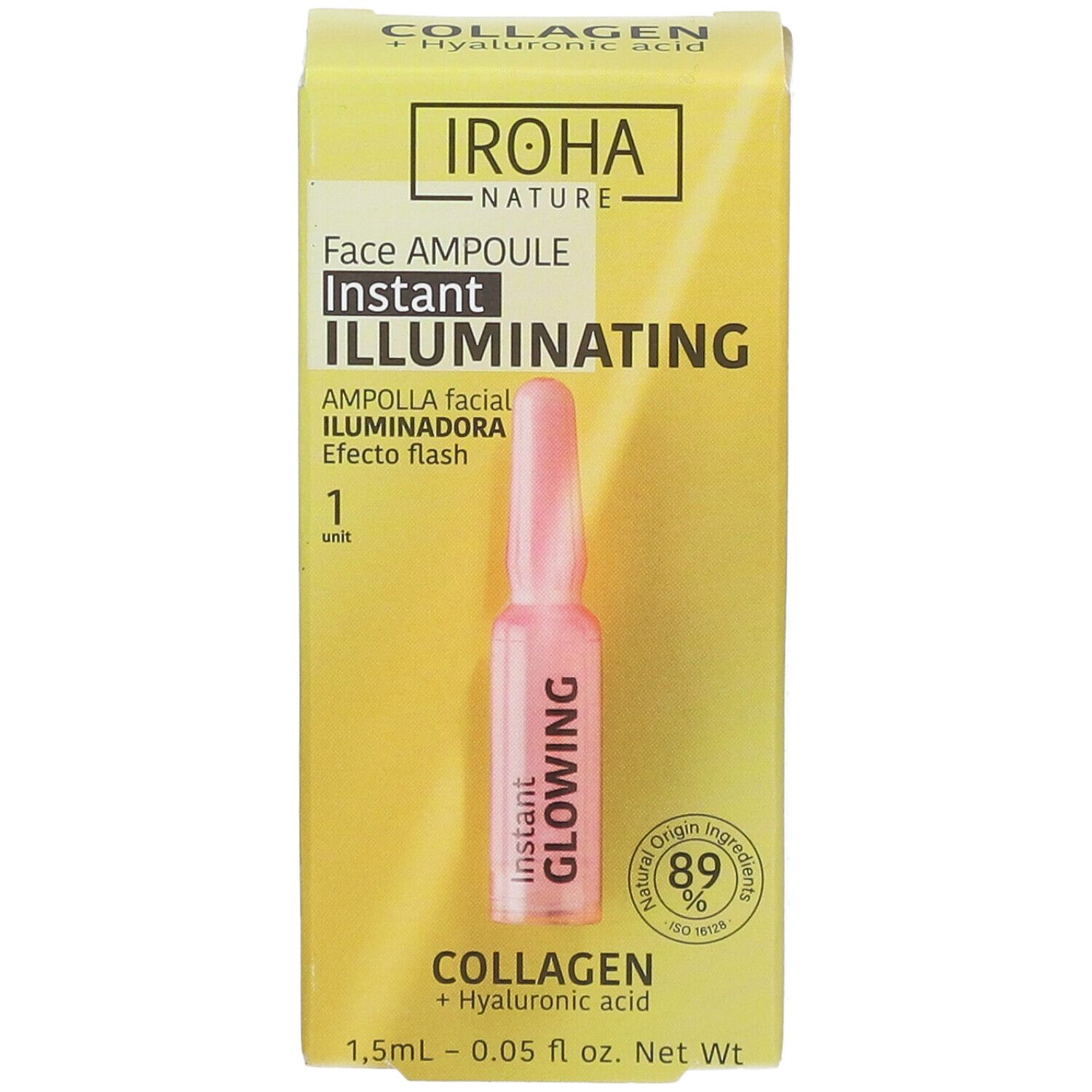 Boîte jaune avec ampoule IROHA Nature Face. Une ampoule visible. Texte: Instant Glowing, Collagène.