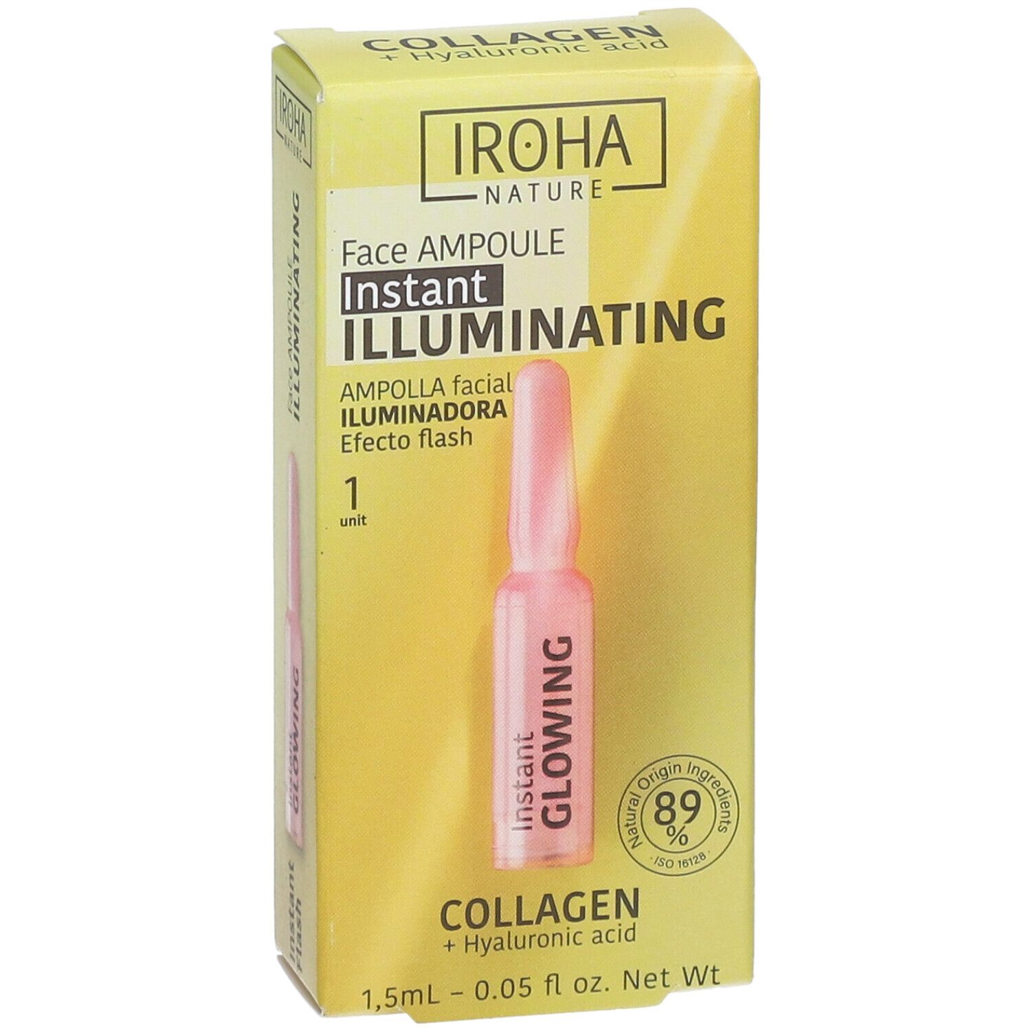 Boîte jaune avec ampoule IROHA Nature Face. Une ampoule visible. Texte: Instant Glowing, Collagène.