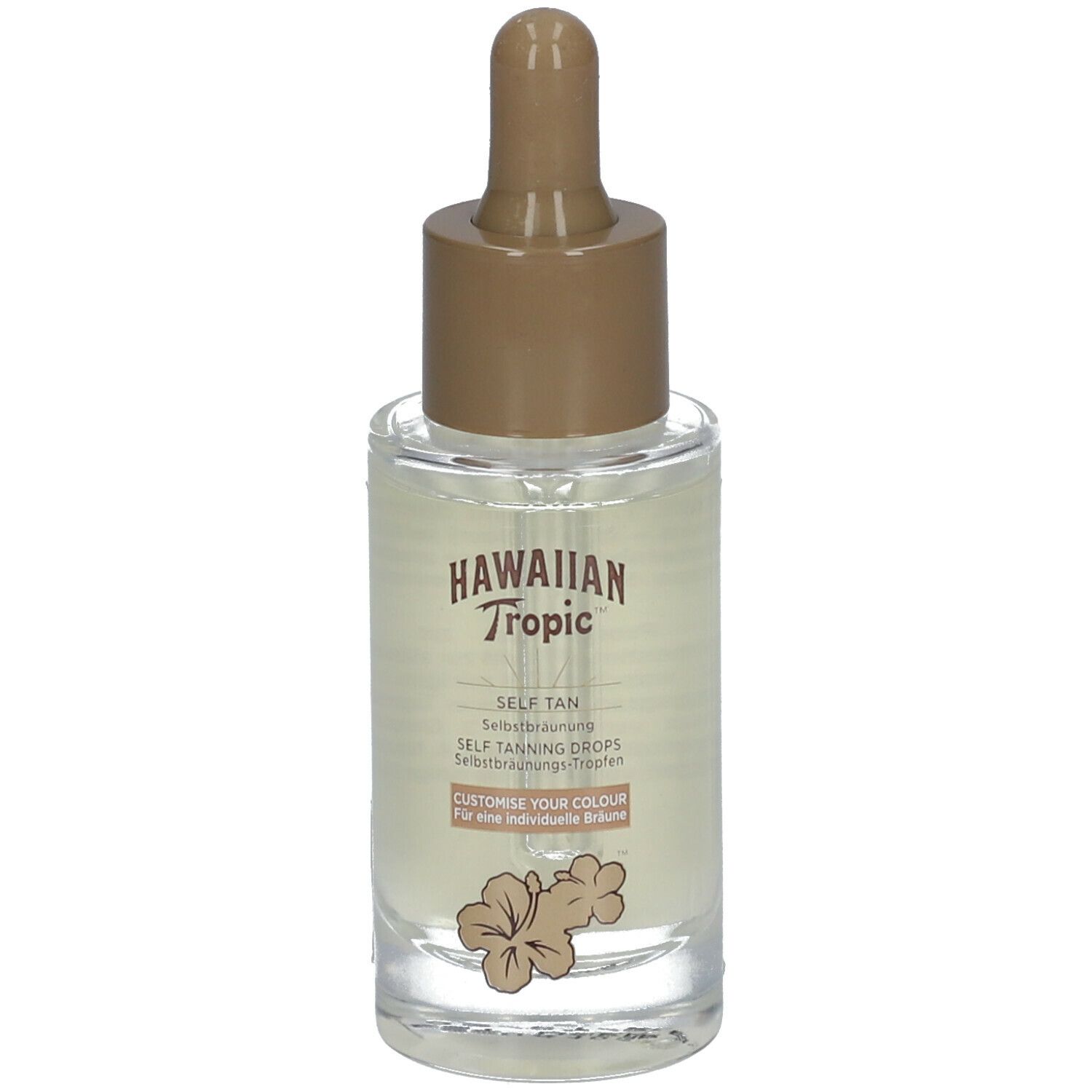 Flacon en verre transparent avec bouchon et pipette marron. Inscription: HAWAIIAN Tropic SELF TAN. Illustration de fleurs d'hibiscus.