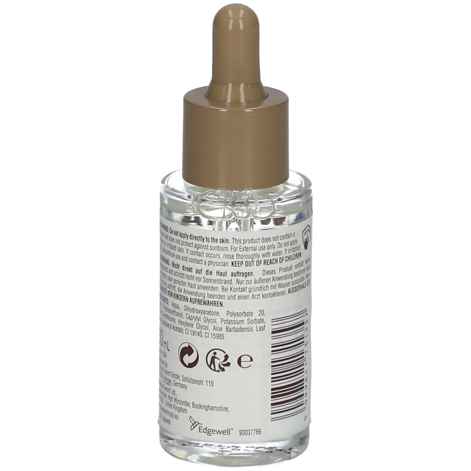 Dos du flacon en verre. Texte: ingrédients, avertissements, 30 ml. Logos et informations du fabricant.