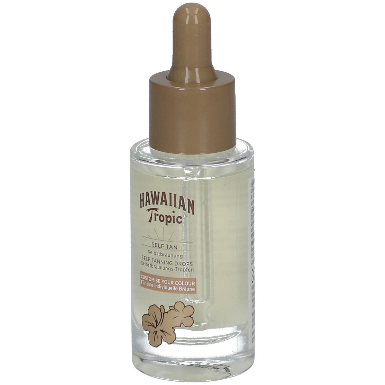 Flacon en verre transparent avec bouchon et pipette marron. Inscription: HAWAIIAN Tropic SELF TAN. Illustration de fleurs d'hibiscus.