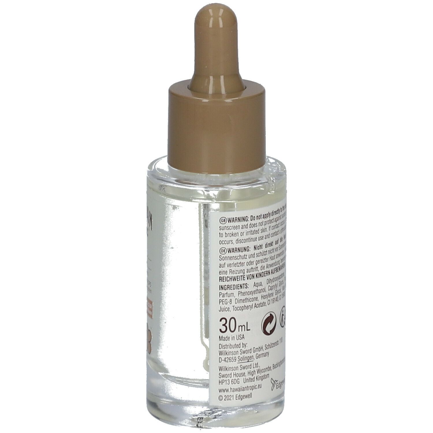 Dos du flacon en verre. Texte: ingrédients, avertissements, 30 ml. Logos et informations du fabricant.