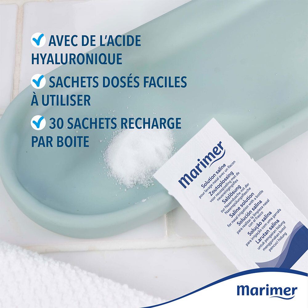 Gros plan sur un sachet Marimer. Texte: Solution saline. Avec acide hyaluronique. 30 sachets recharge par boîte.