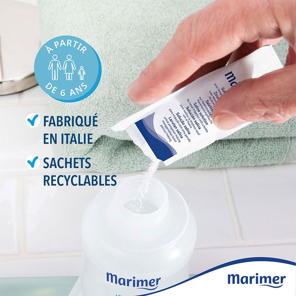 Main ouvrant un sachet Marimer. Texte: Solution saline. Dès 6 ans. Fabriqué en Italie. Sachets recyclables.