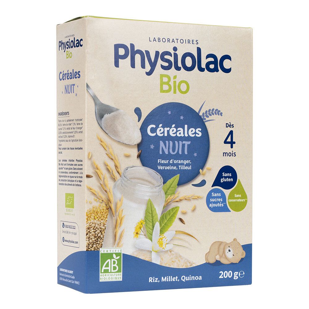 Boîte de PHYSIOLAC Bio Céréales Nuit. Riz, millet, quinoa. Dès 4 mois. Sans gluten, sans sucres ajoutés. 200g.