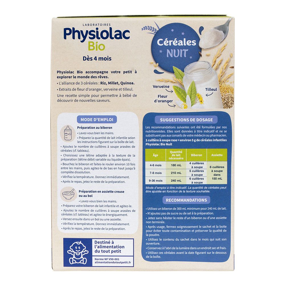 Dos de la boîte PHYSIOLAC Bio Céréales Nuit. Instructions de préparation et recommandations de dosage pour bébé.