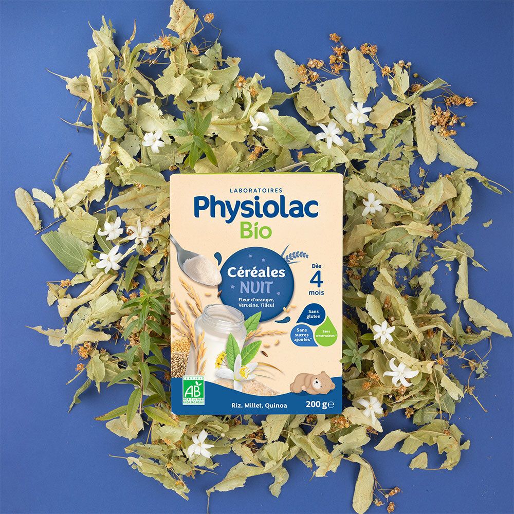 Boîte PHYSIOLAC Bio Céréales Nuit sur fond bleu avec fleurs et herbes. Présentation du produit.