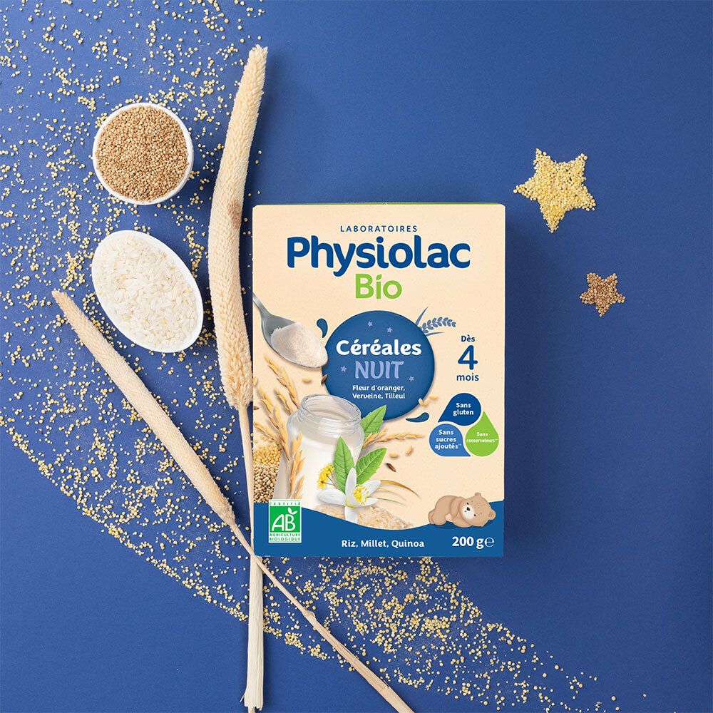 Boîte PHYSIOLAC Bio Céréales Nuit sur fond bleu avec ingrédients. Présentation du produit.