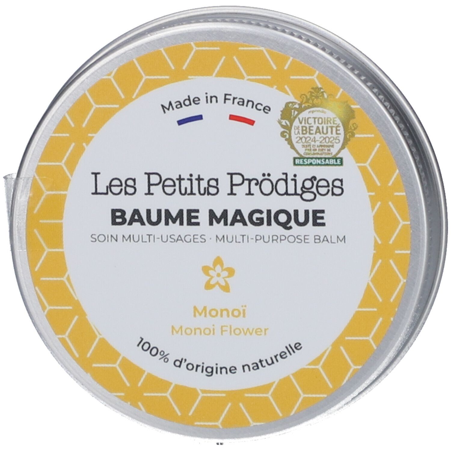 Boîte ronde avec étiquette jaune. Inscription: Les Petits Prödiges, Baume Magique, Monoi. Label: Victoire de la Beauté.