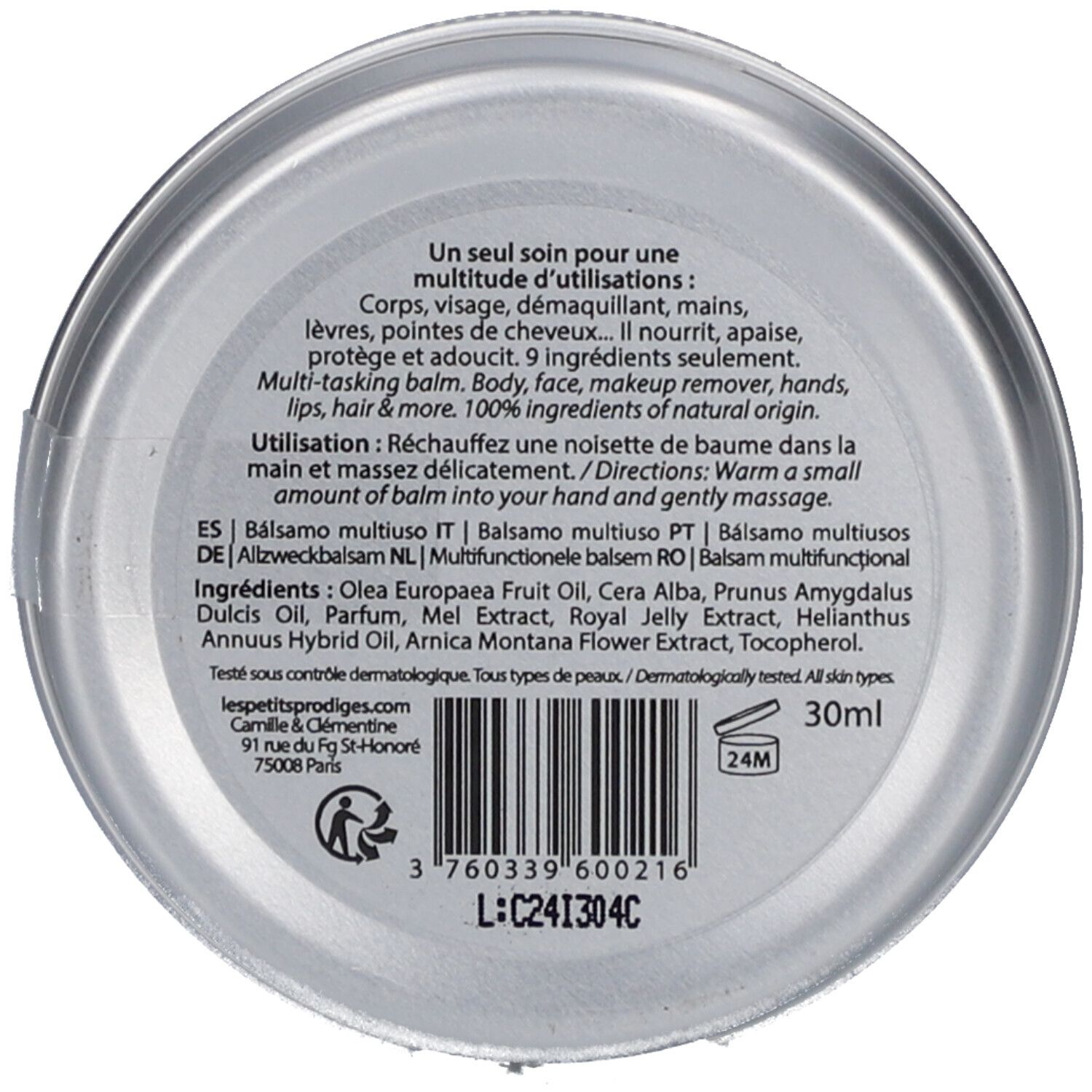 Fond de boîte rond avec texte. Ingrédients, mode d'emploi, 30ml. Inscription: Les Petits Prödiges. Code et symbole de recyclage.
