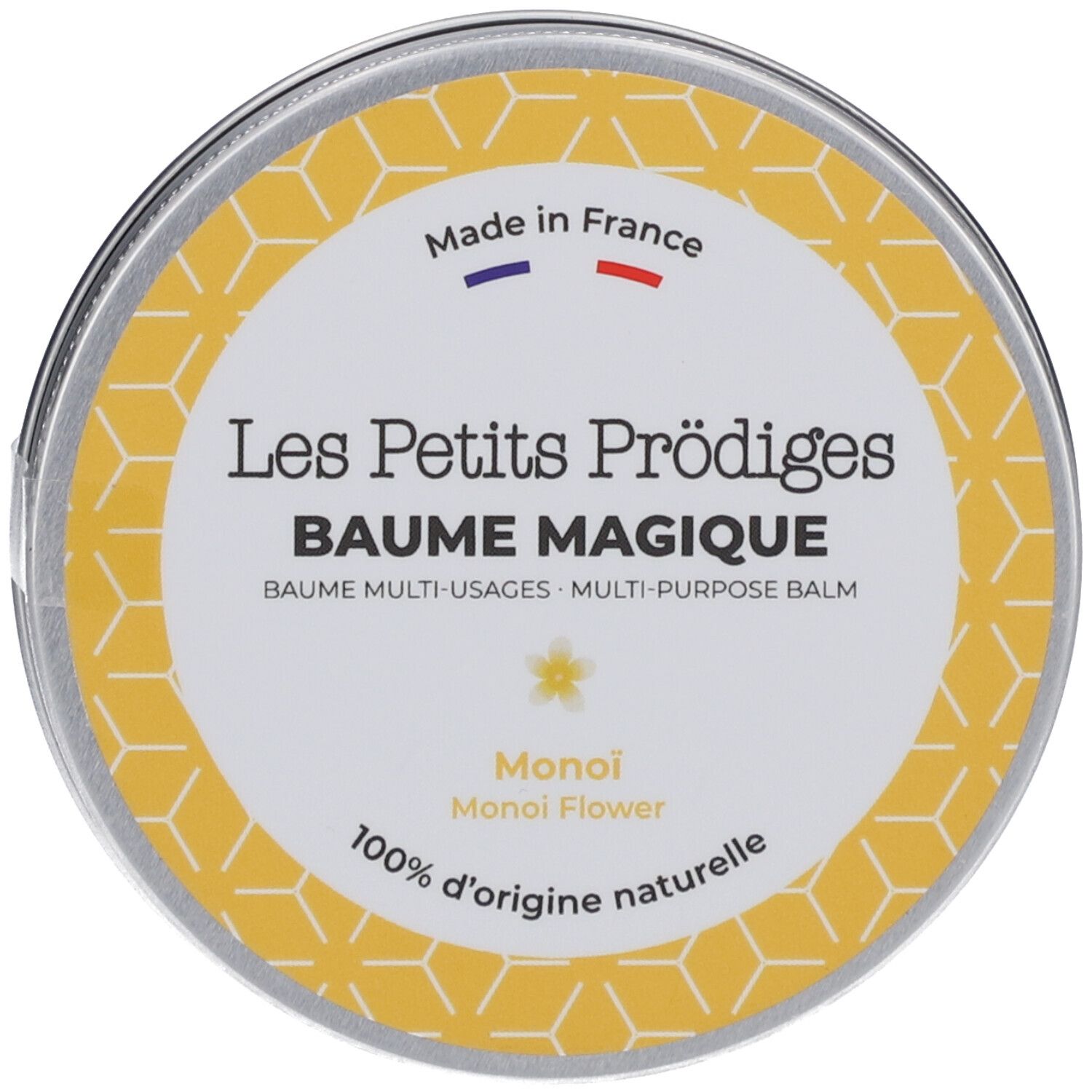 Boîte ronde avec étiquette jaune. Inscription: Les Petits Prödiges, Baume Magique. Fabriqué en France.