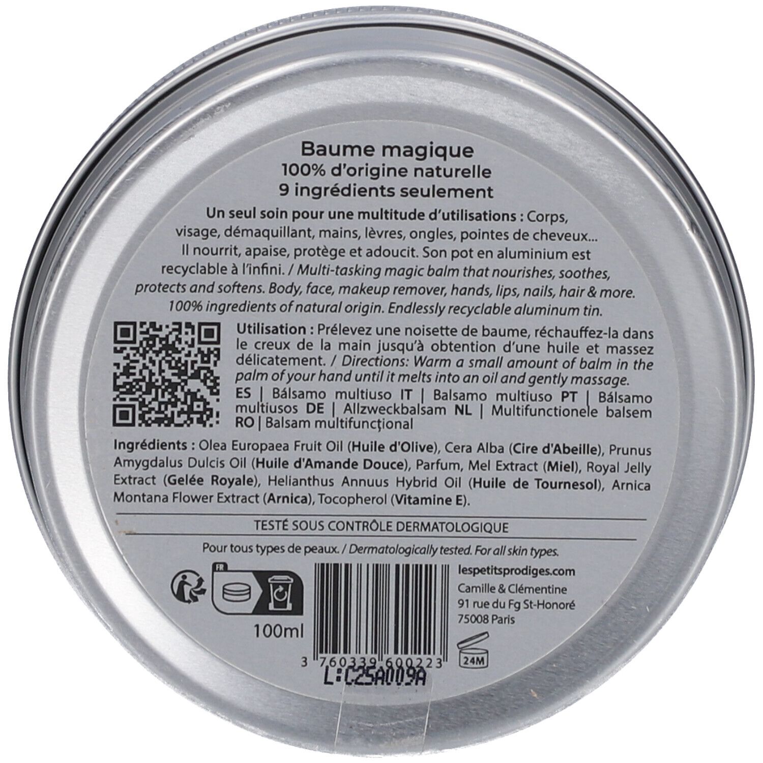 Dos du pot. Texte: Baume magique, 100% d'origine naturelle, 9 ingrédients seulement. Code QR et ingrédients.