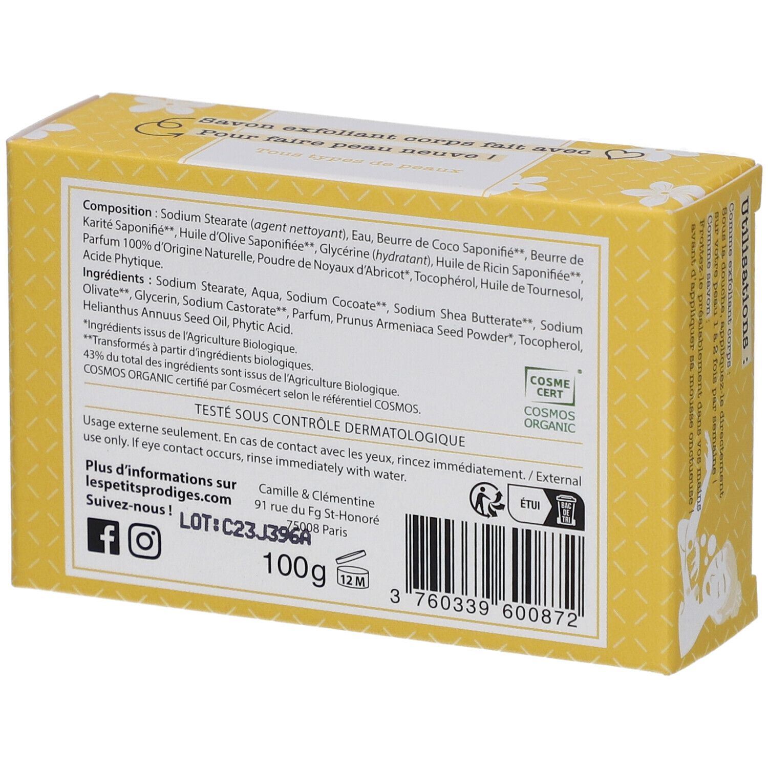 Dos de la boîte jaune. Ingrédients, certification COSMOS ORGANIC, coordonnées, code-barres, 100g, 12M.