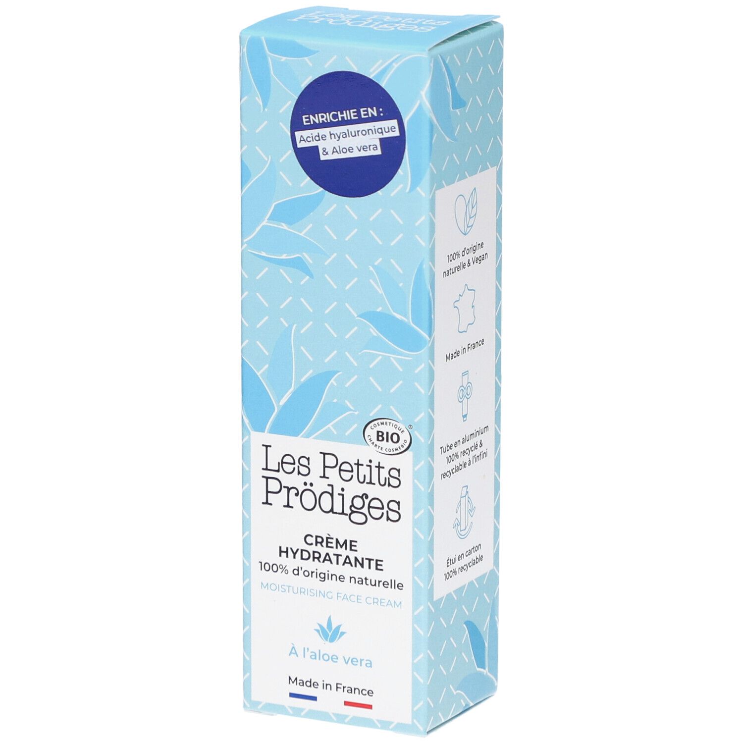 Boîte bleu clair. Inscription: Les Petits Prodiges, Crème Hydratante, 100% d'origine naturelle. Avec Aloe Vera.