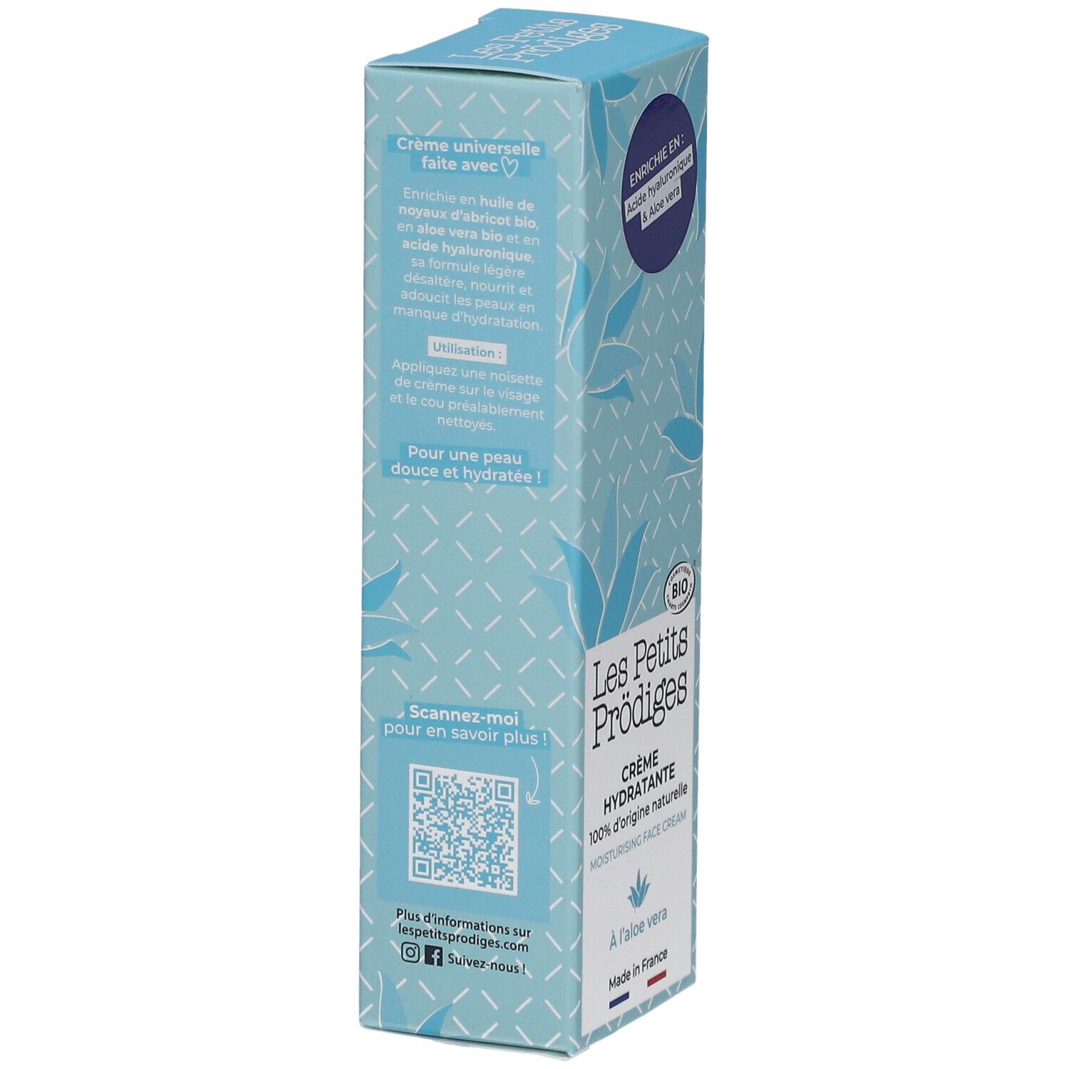 Boîte bleu clair. Texte: Crème universelle, Code QR, Plus d'informations sur lespetitsprodiges.com.