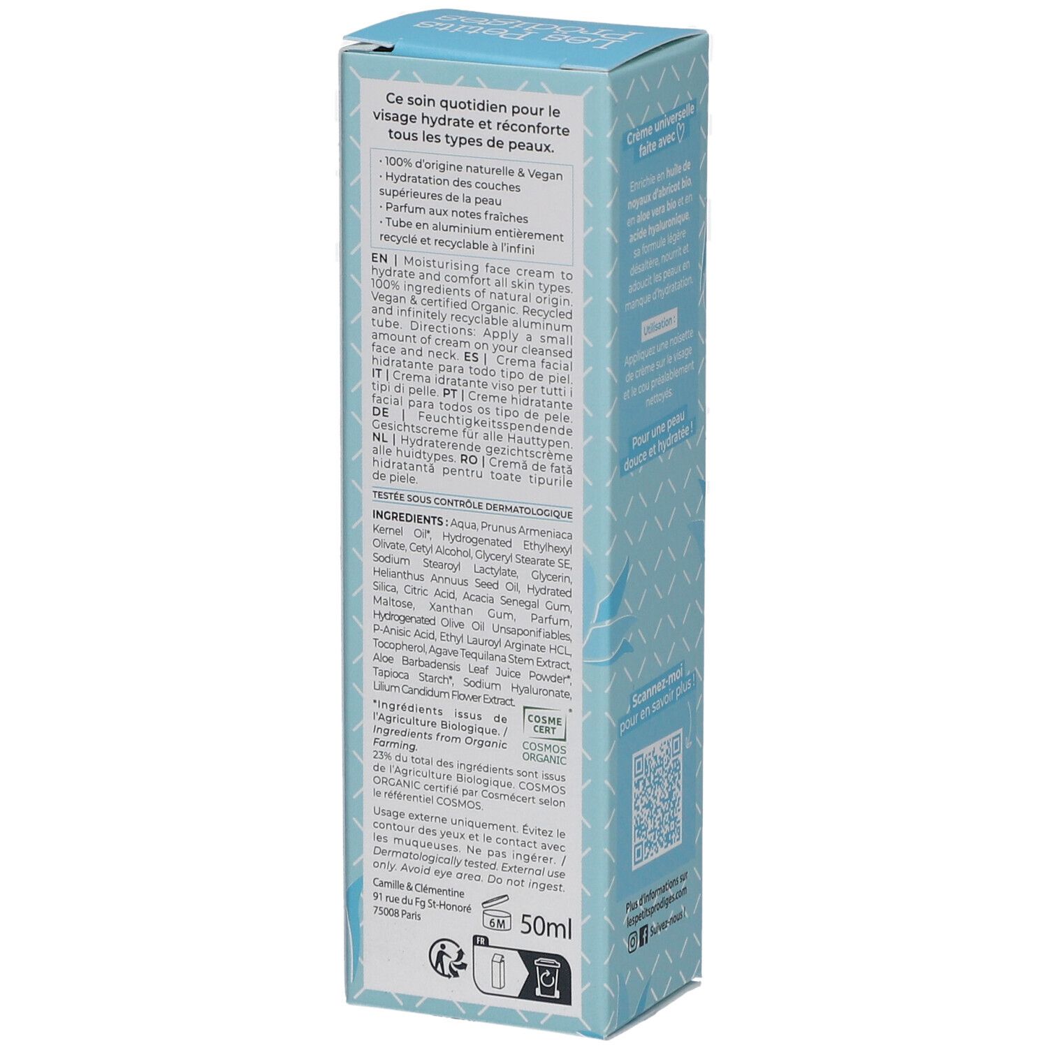 Boîte bleu clair. Texte: Crème Hydratante, 100% d'origine naturelle, 50ml. Ingrédients, conseils d'utilisation.