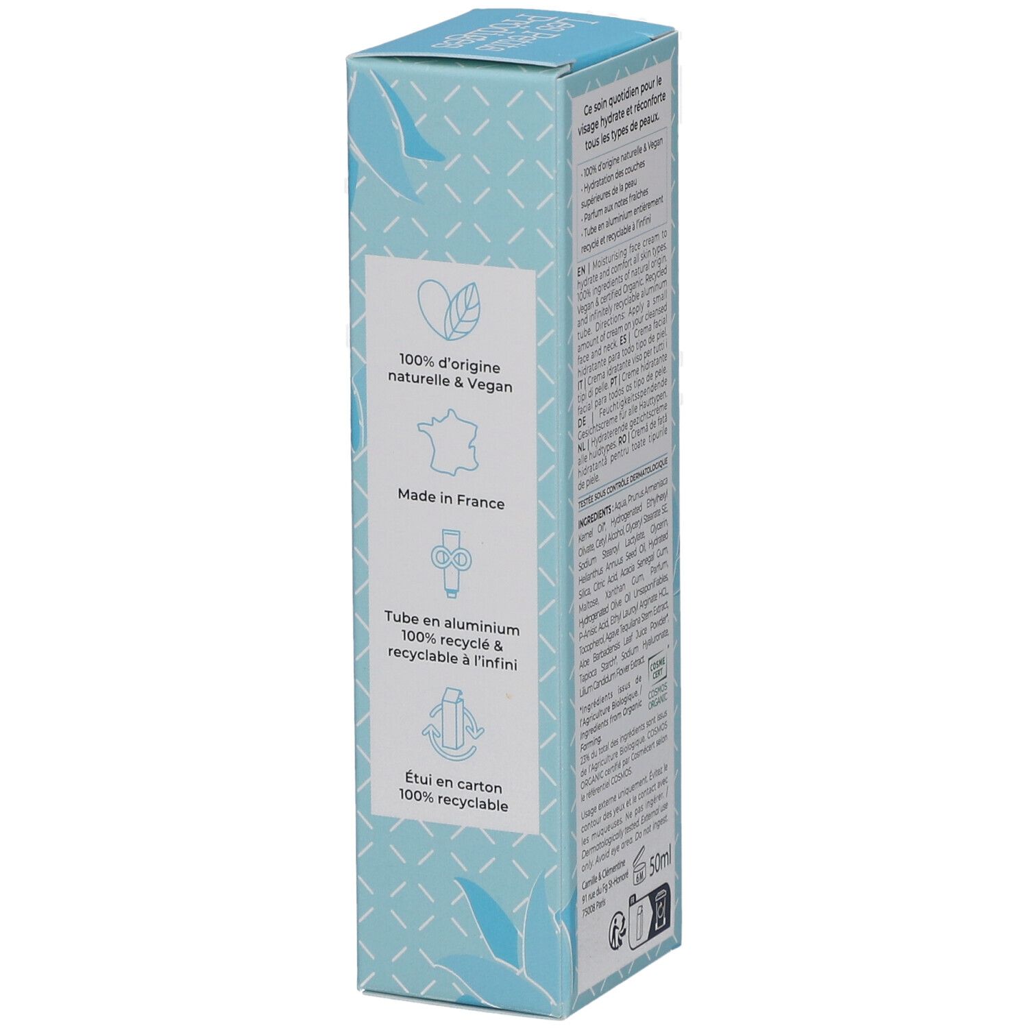 Boîte bleu clair. Texte: 100% d'origine naturelle & Vegan, Made in France, Tube en aluminium.