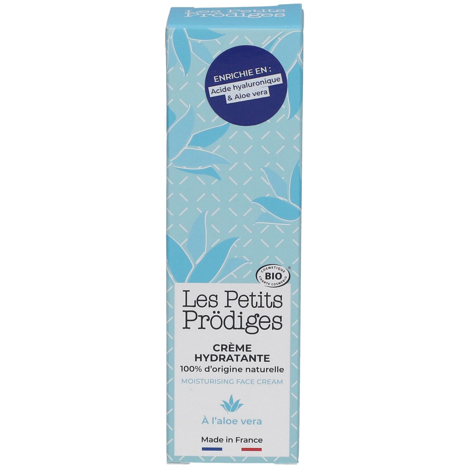 Boîte bleu clair. Inscription: Les Petits Prodiges, Crème Hydratante, 100% d'origine naturelle. Avec Aloe Vera.