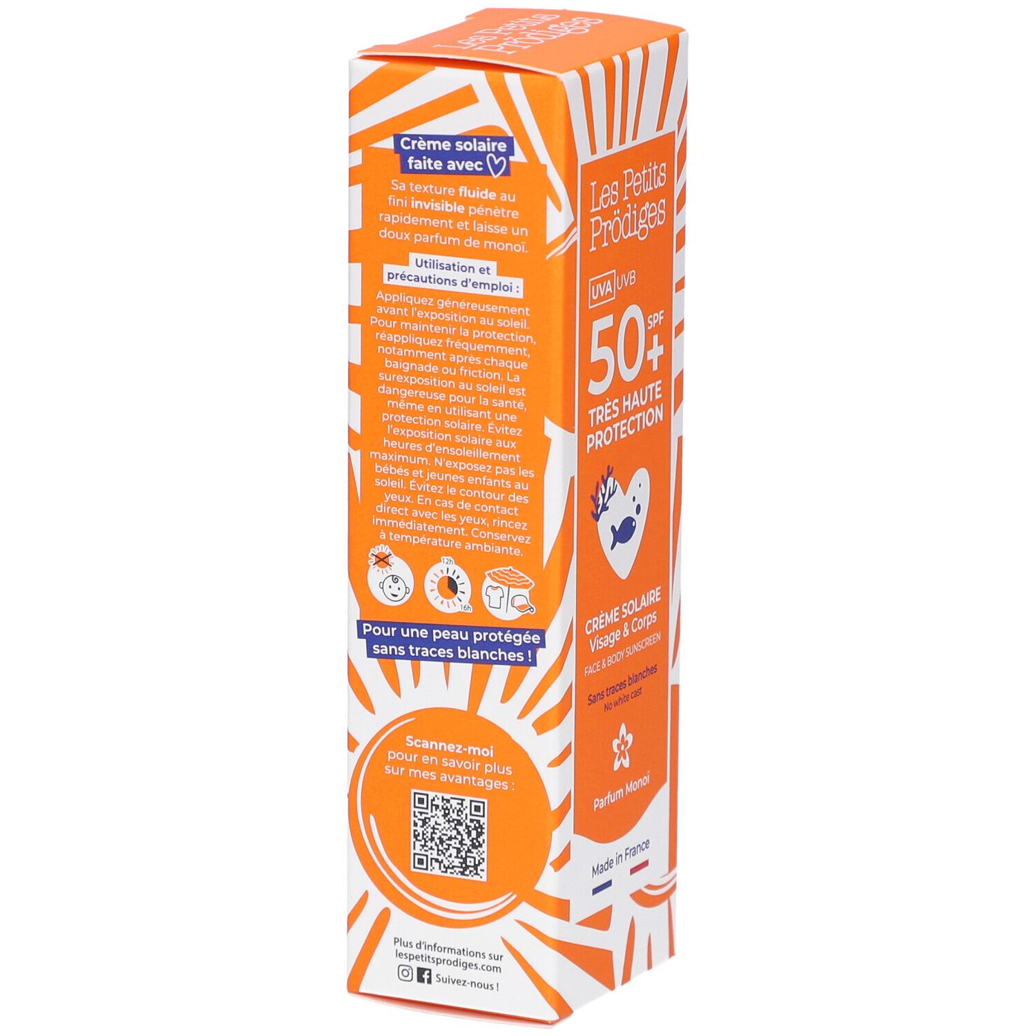 Boîte orange. Texte: Crème solaire faite avec, pour une peau protégée sans traces blanches. Code QR.