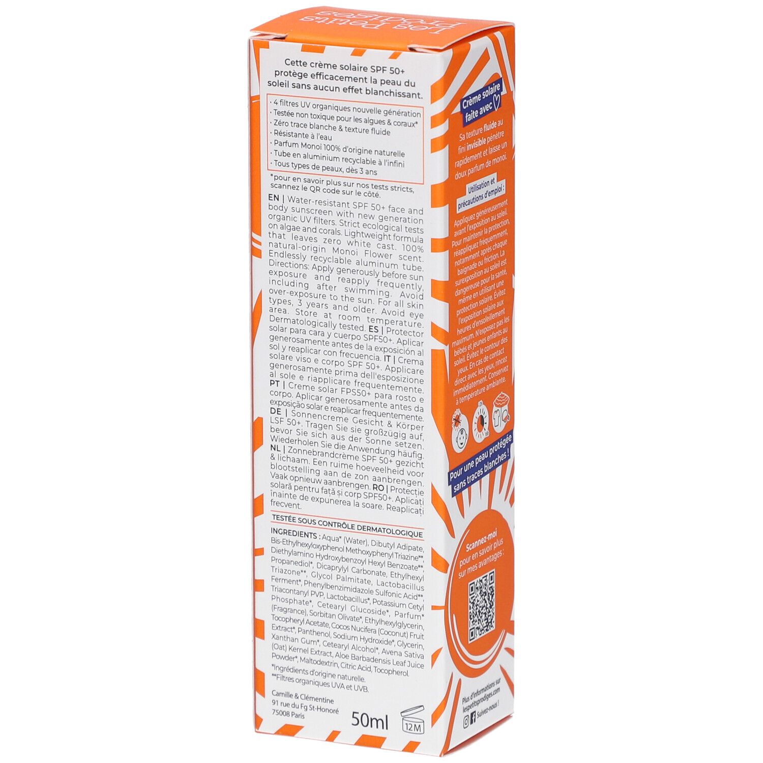 Boîte orange. Texte: Cette crème solaire SPF 50+ protège la peau du soleil sans effet brillant. 50ml.