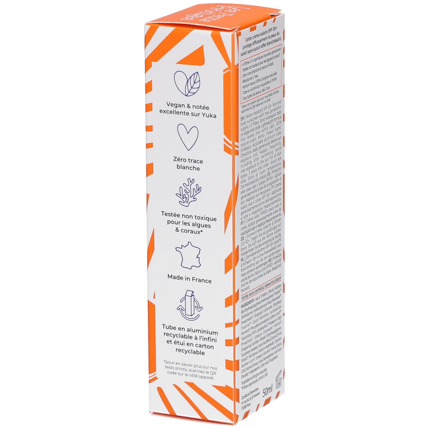 Boîte orange. Texte: Vegan & noté excellent sur Yuka. Zéro trace blanche. Testé non toxique pour les algues & coraux.