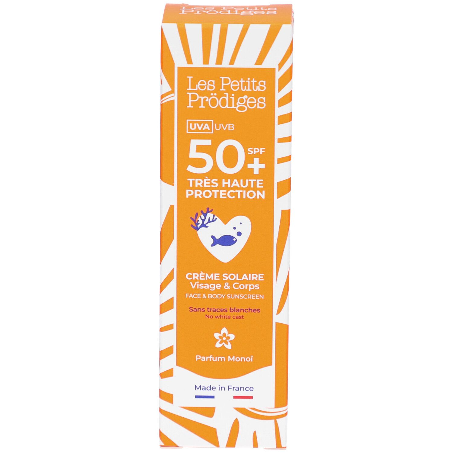 Boîte orange. Texte: Les Petits Prodiges, UVA UVB, 50+ SPF, Crème Solaire Visage & Corps. Fabriqué en France.
