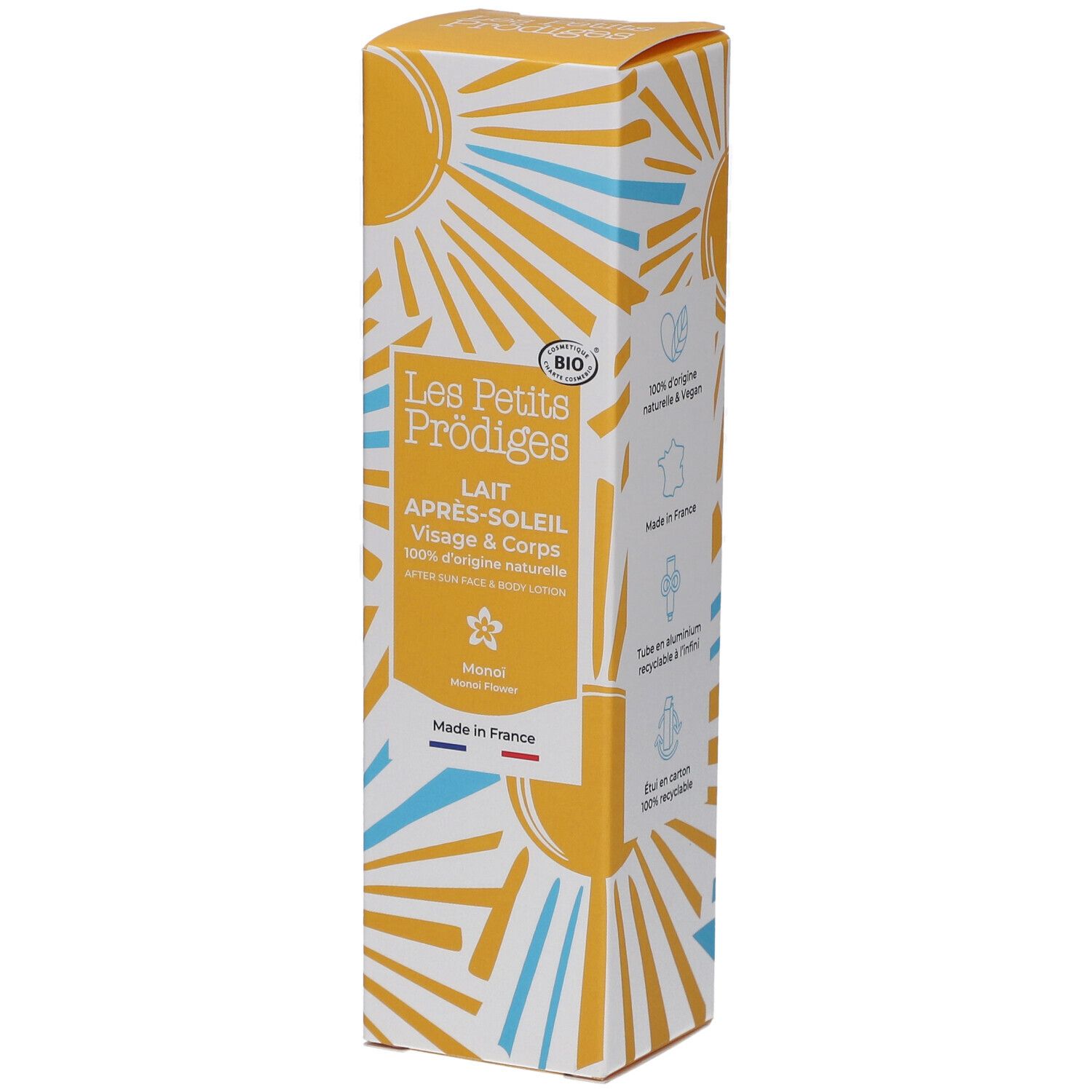 Boîte jaune avec nom et logo du produit. Texte: Lait Après-Soleil, 100% d'origine naturelle. Label Bio. Fabriqué en France.