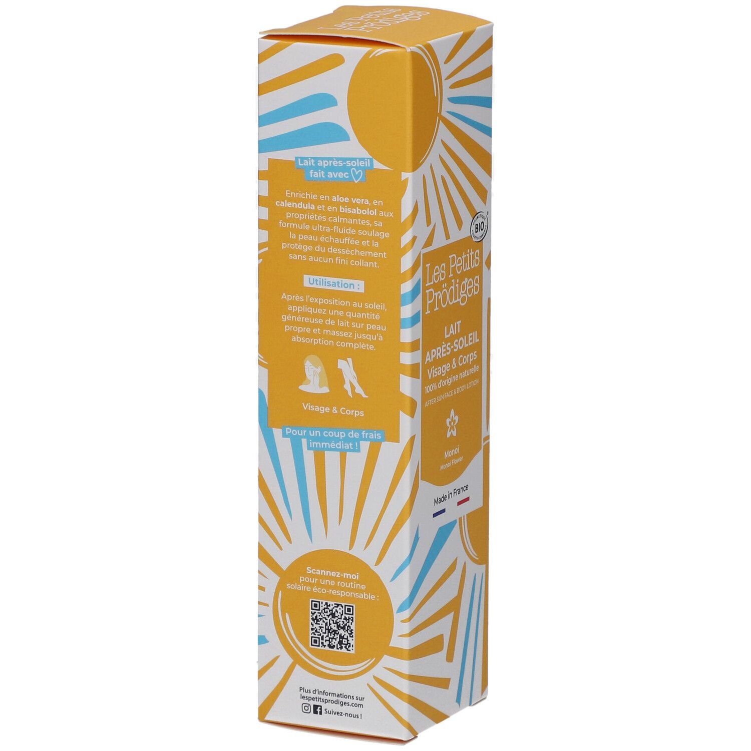 Boîte jaune avec informations produit. Texte: Lait après-soleil, conseils d'utilisation, QR code. Design soleil et nuages.