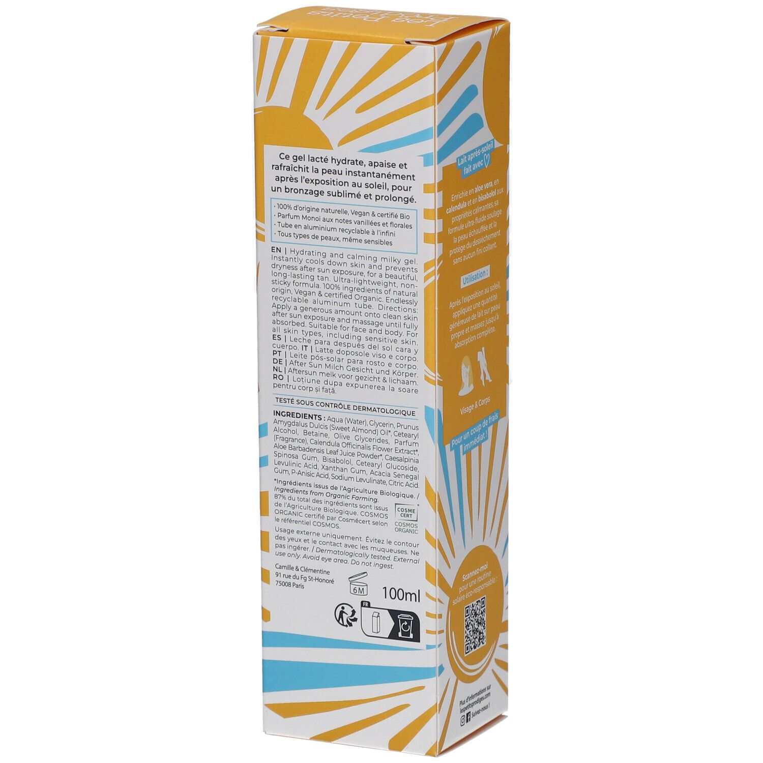 Boîte jaune avec description du produit. Texte: Ingrédients, 100ml, conseils. Design soleil et nuages. Code QR.