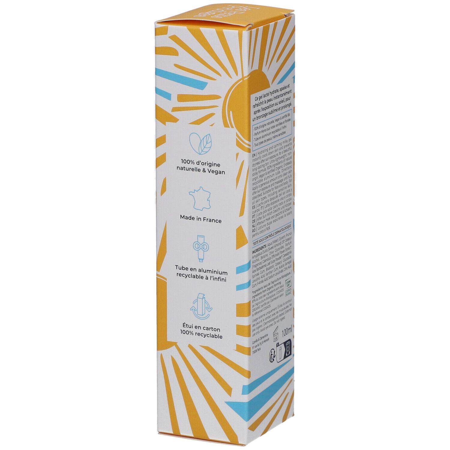 Boîte jaune avec informations produit. Texte: 100% naturel & vegan, Fabriqué en France, recyclable. Design soleil et nuages.