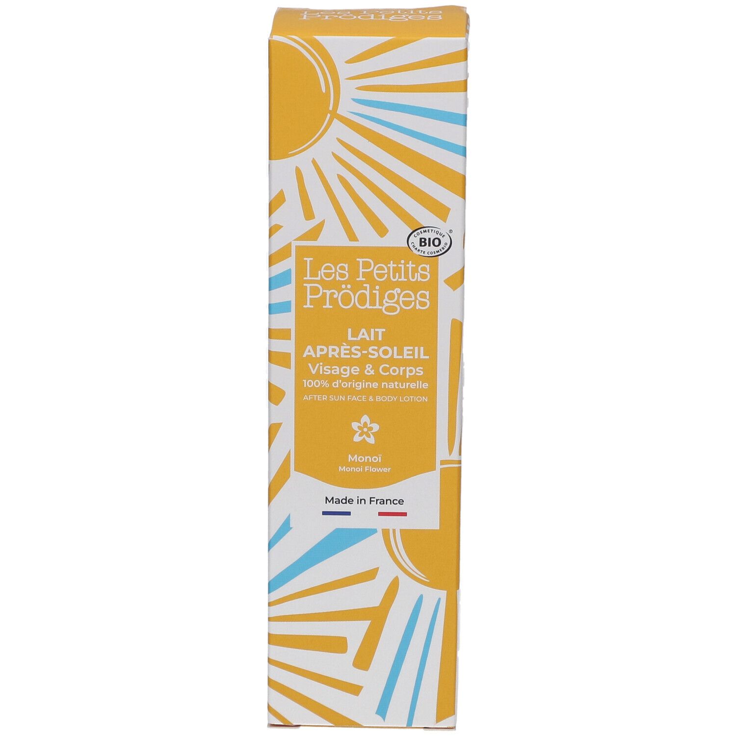Boîte jaune avec nom et logo du produit. Texte: Lait Après-Soleil, 100% d'origine naturelle. Label Bio. Fabriqué en France.