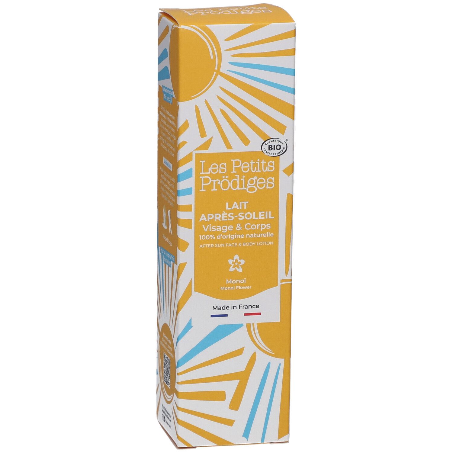 Boîte jaune avec nom et logo du produit. Texte: Lait Après-Soleil, 100% d'origine naturelle. Label Bio. Fabriqué en France.