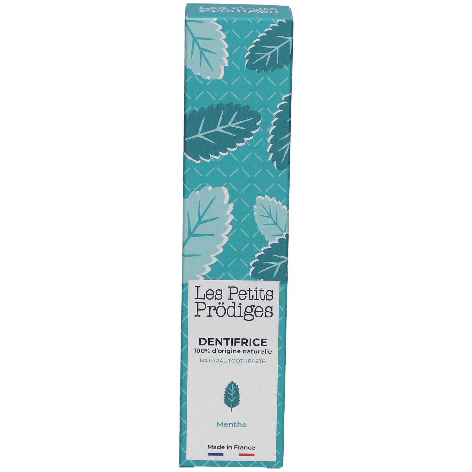 Emballage de dentifrice, vue de face. Texte: Les Petits Prodiges, DENTIFRICE, Menthe. Avec logo feuille.