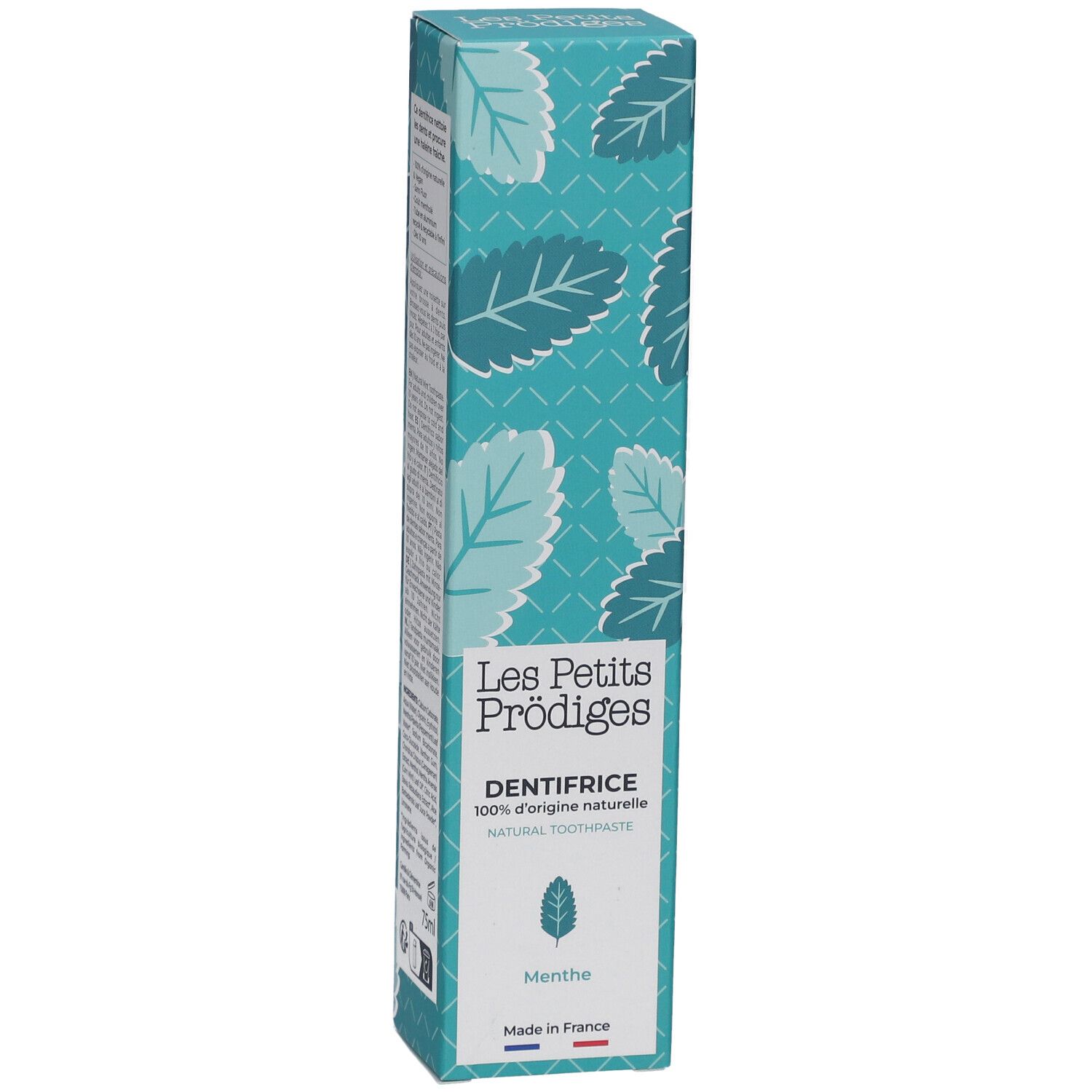 Emballage de dentifrice, vue de face. Texte: Les Petits Prodiges, DENTIFRICE, Menthe. Avec logo feuille.