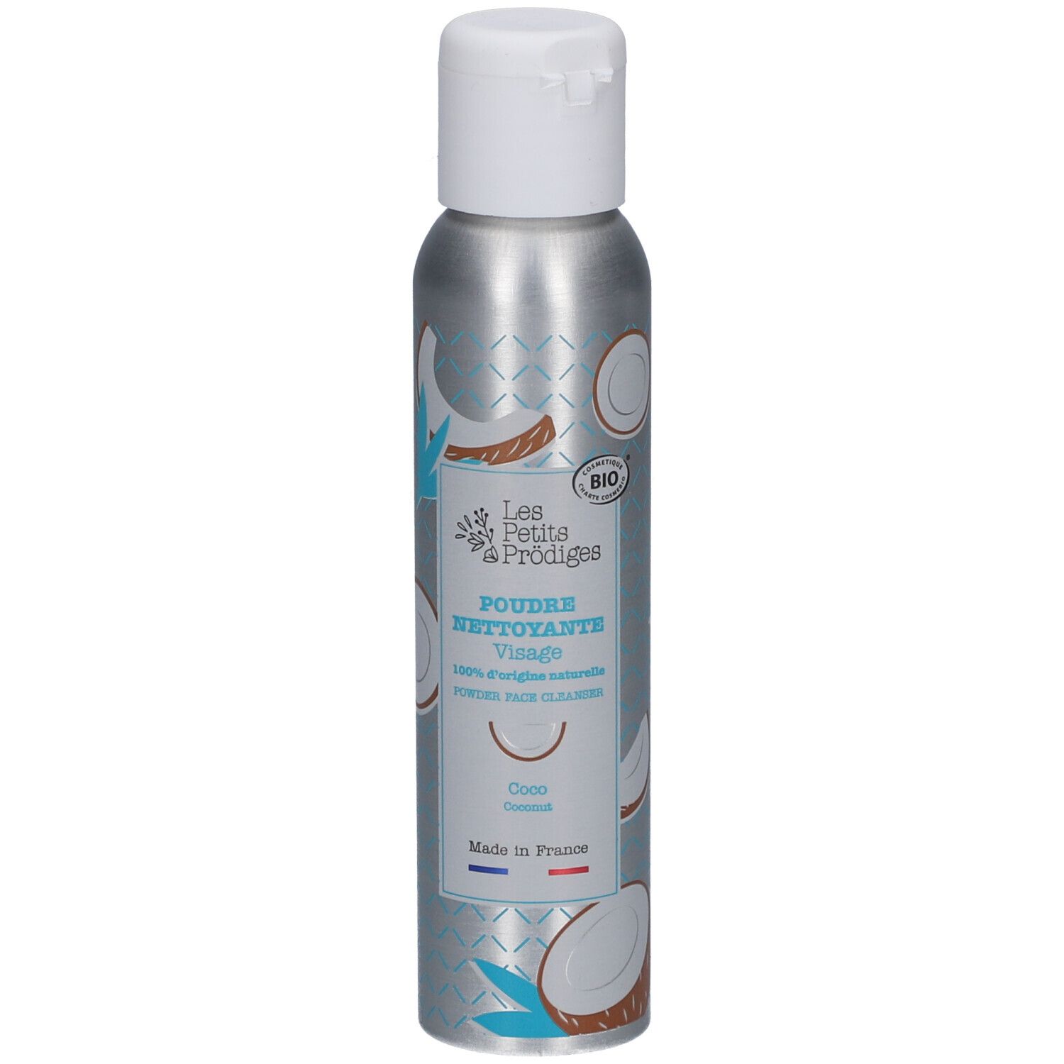 Flacon argenté avec bouchon blanc. Inscription: Poudre Nettoyante Visage, Coco. Label bio.
