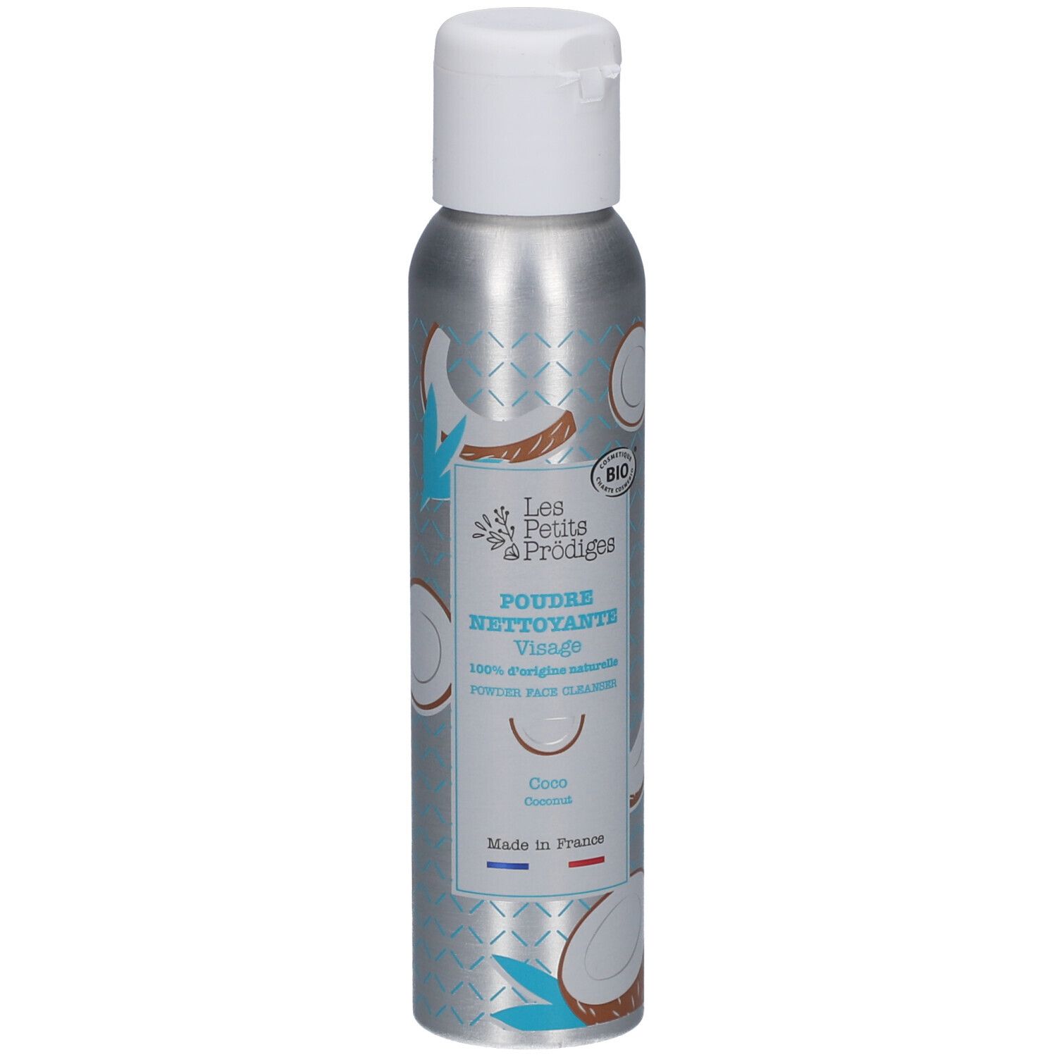 Flacon argenté avec bouchon blanc. Inscription: Poudre Nettoyante Visage, Coco. Label bio.