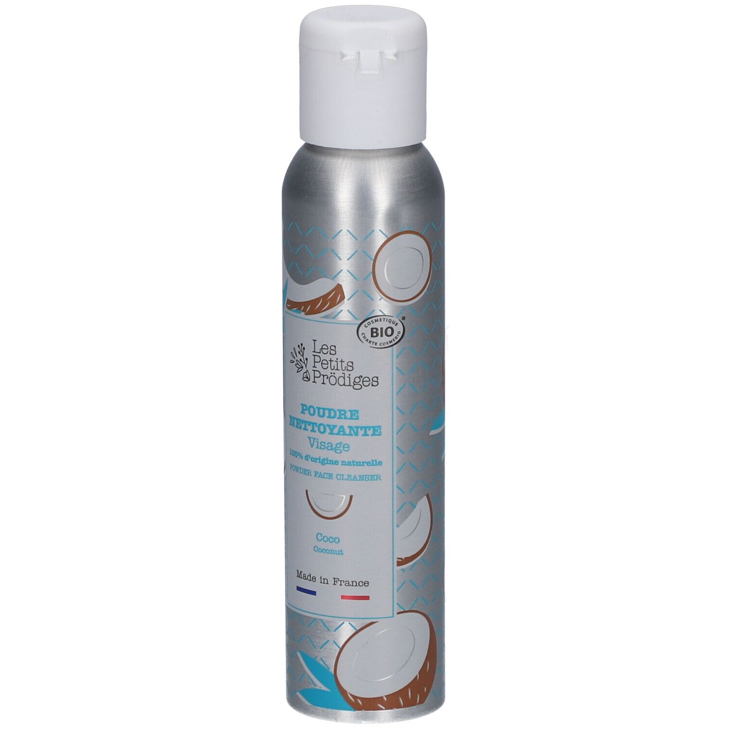 Flacon argenté avec bouchon blanc. Inscription: Poudre Nettoyante Visage, Coco. Label bio.