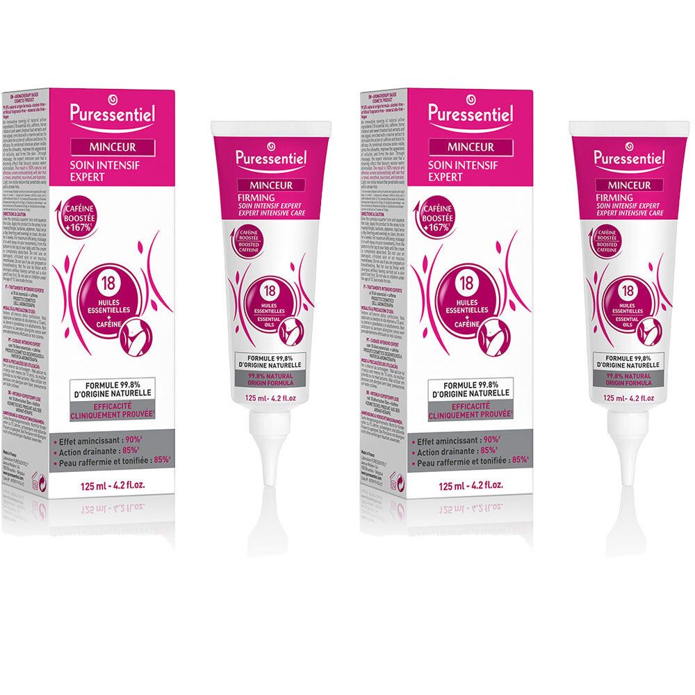 Plusieurs tubes et boîtes Puressentiel Minceur. Inscription : Soin Intensif Expert. Contient 18 huiles essentielles.