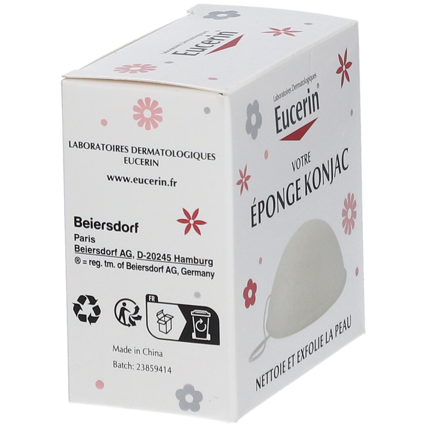 Boîte avec éponge konjac. Inscription: Eucerin, Éponge Konjac. Informations fabricant au dos.