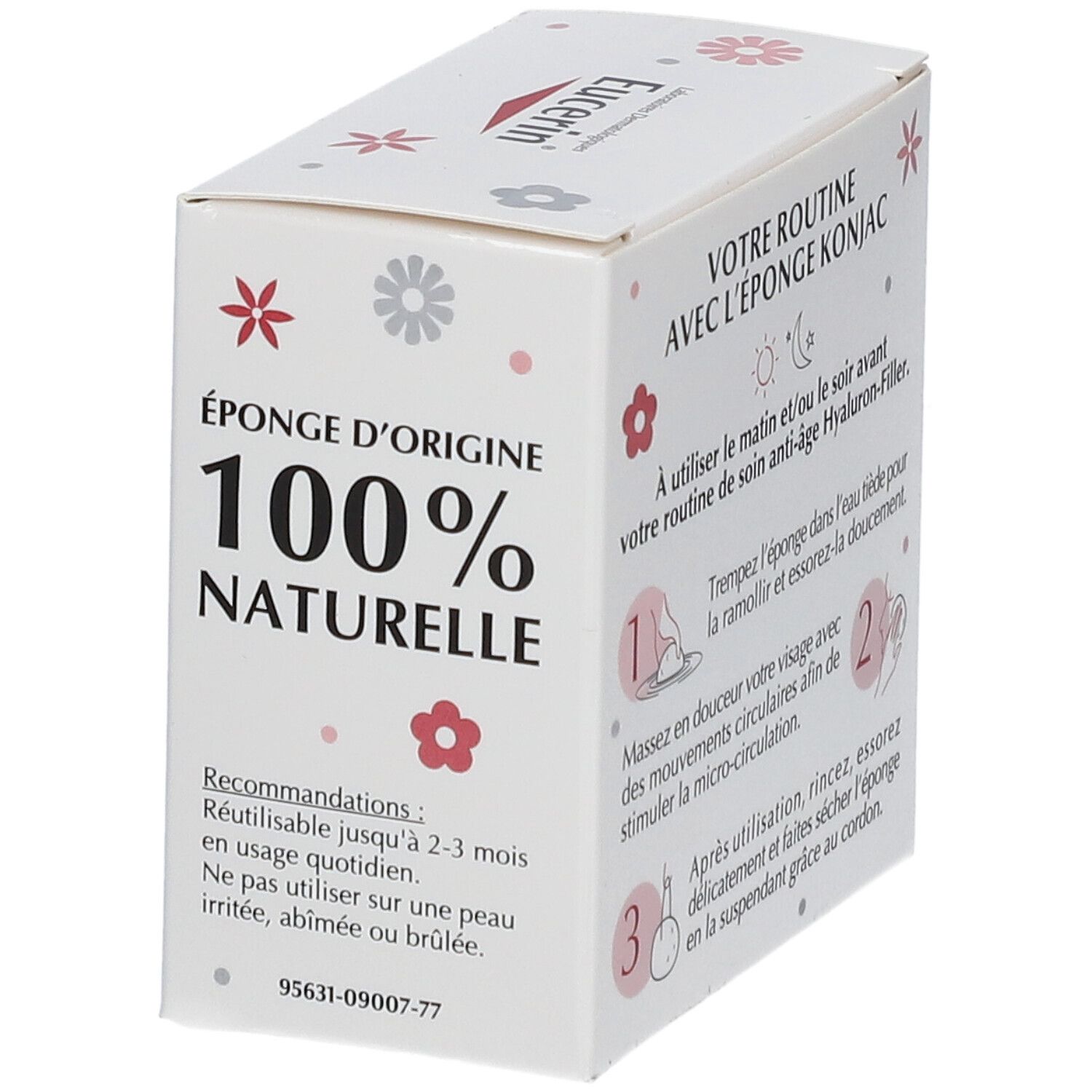 Boîte avec éponge konjac. Inscription: Eucerin, Éponge Konjac, 100% naturelle. Conseils d'utilisation.