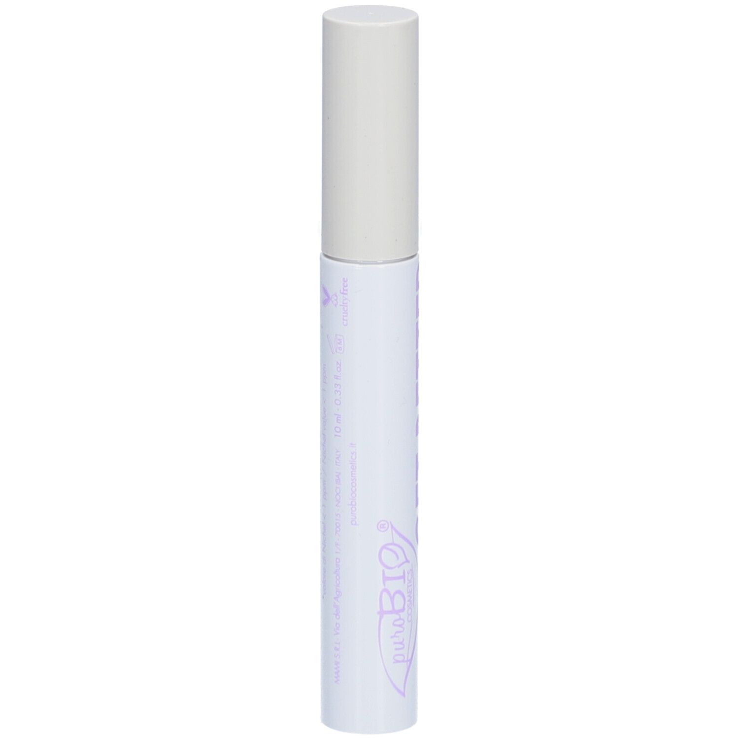 Récipient de mascara blanc avec couvercle. Texte violet et logo puroBIO.