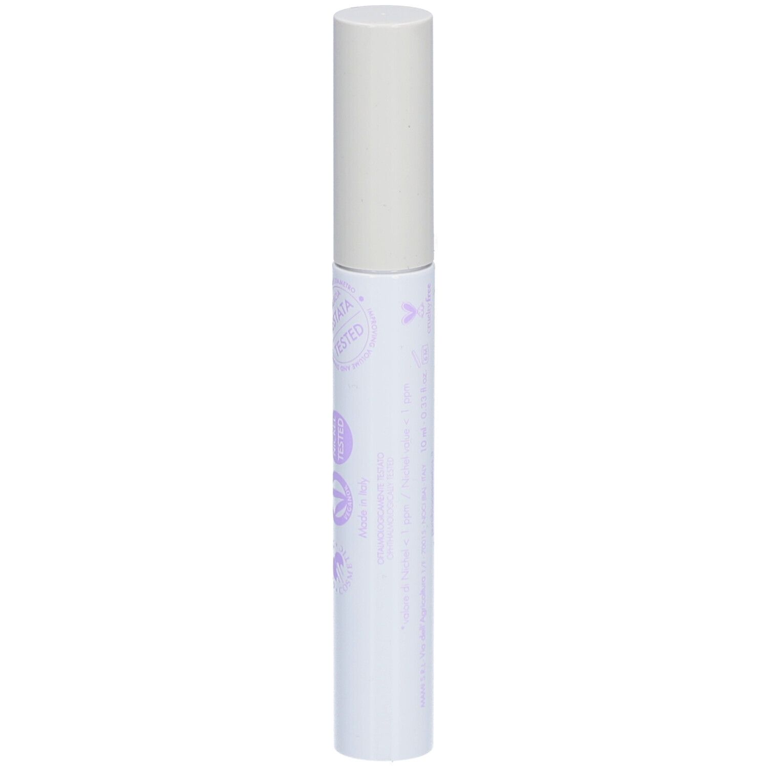 Récipient de mascara blanc avec couvercle. Texte violet et logo puroBIO.