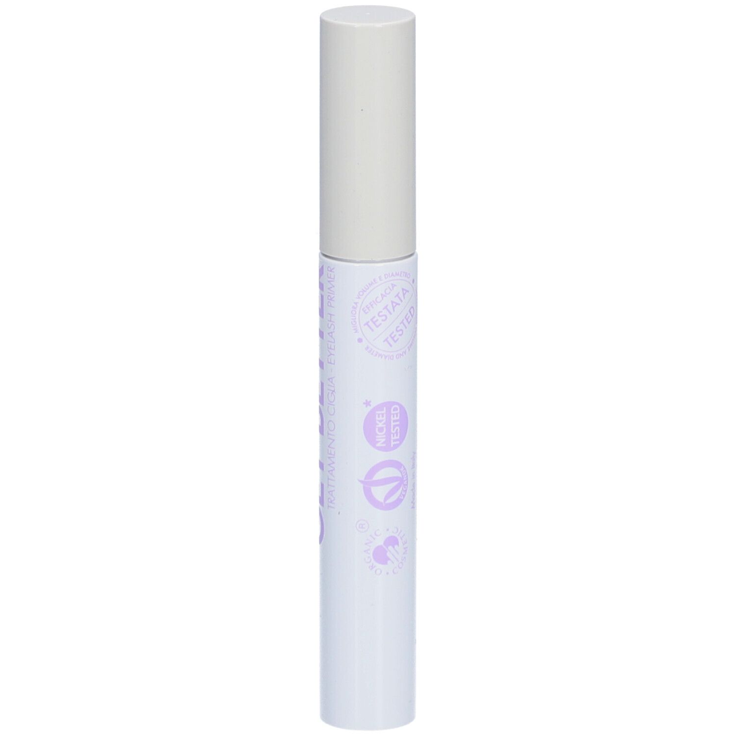 Récipient de mascara blanc avec couvercle. Texte violet et logo puroBIO.
