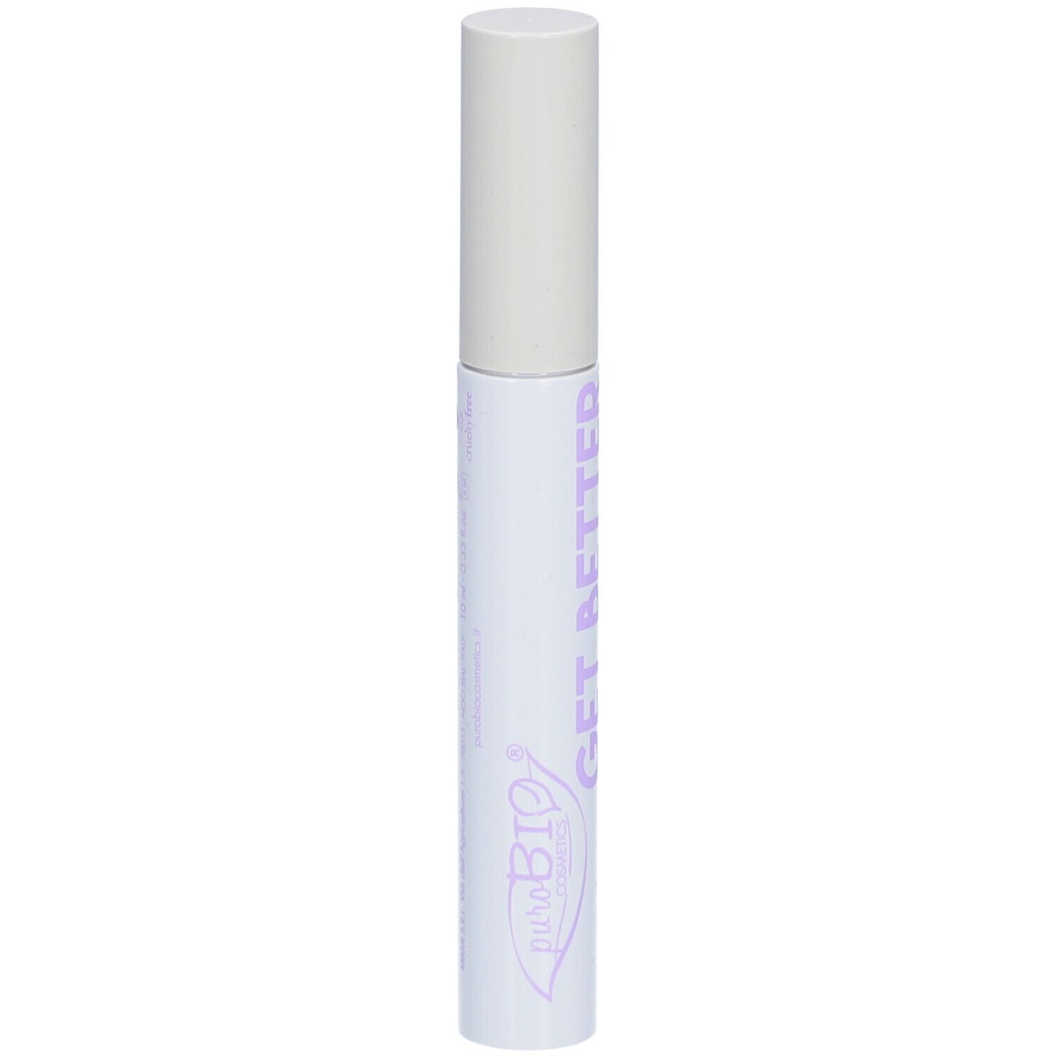 Récipient de mascara blanc avec couvercle. Texte violet GET BETTER et logo puroBIO.
