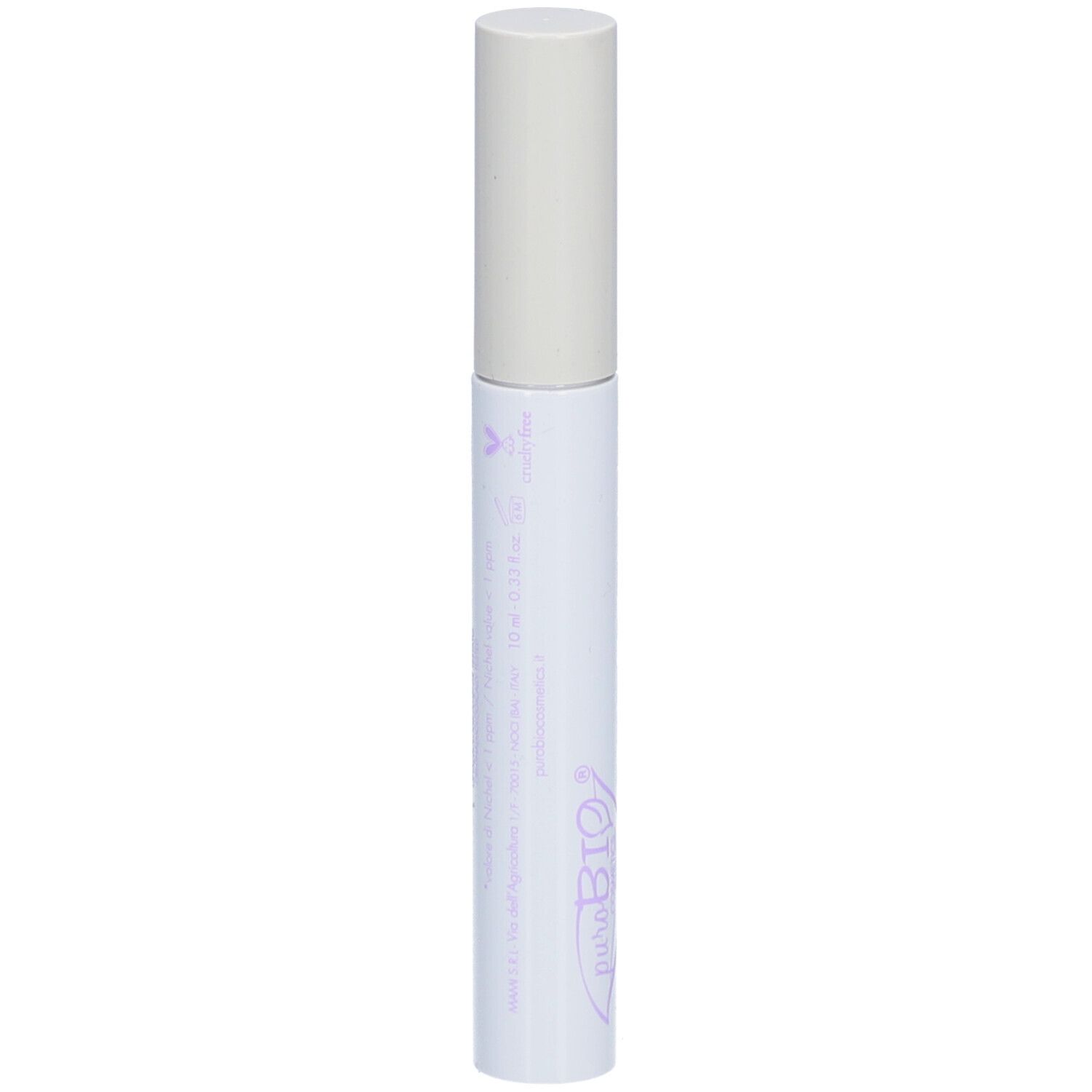 Récipient de mascara blanc avec couvercle. Texte violet et logo puroBIO.