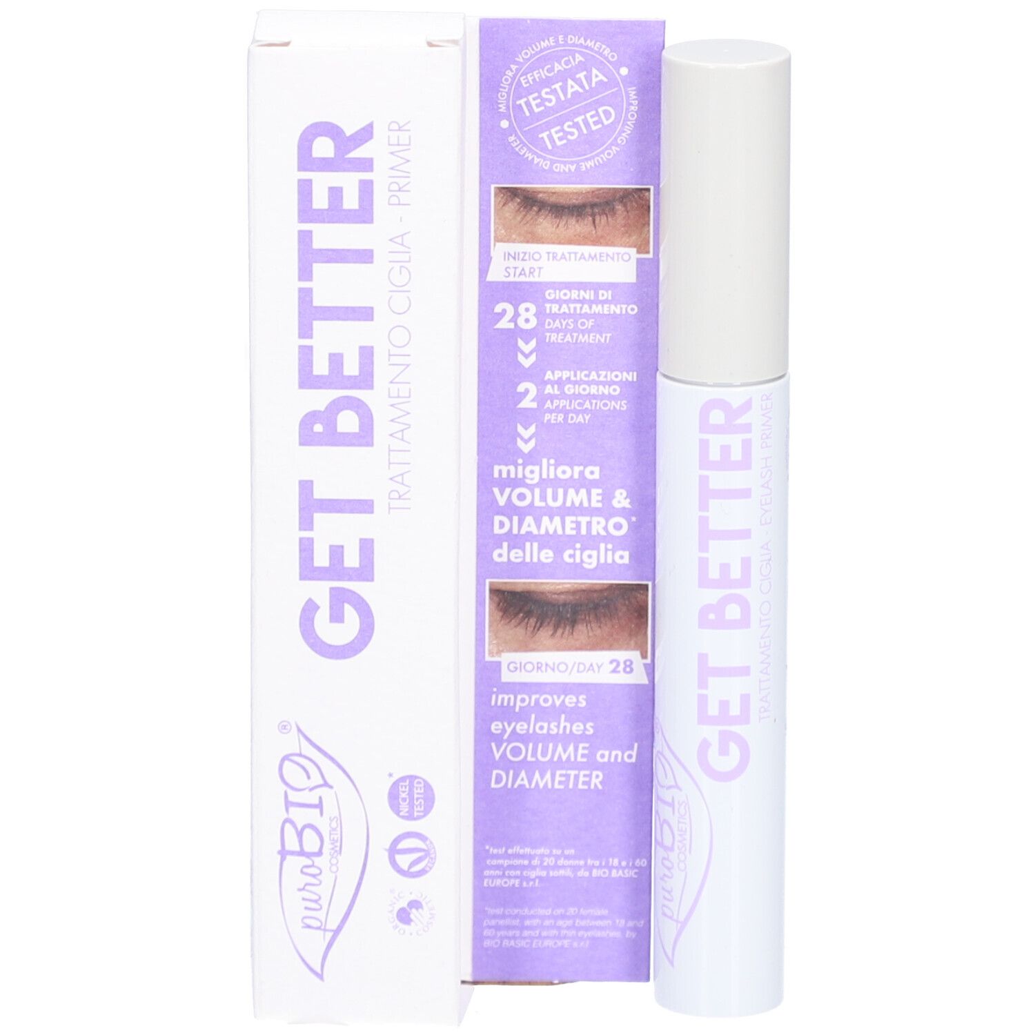 Emballage du produit avec mascara. Texte : GET BETTER, puroBIO. Fond violet.
