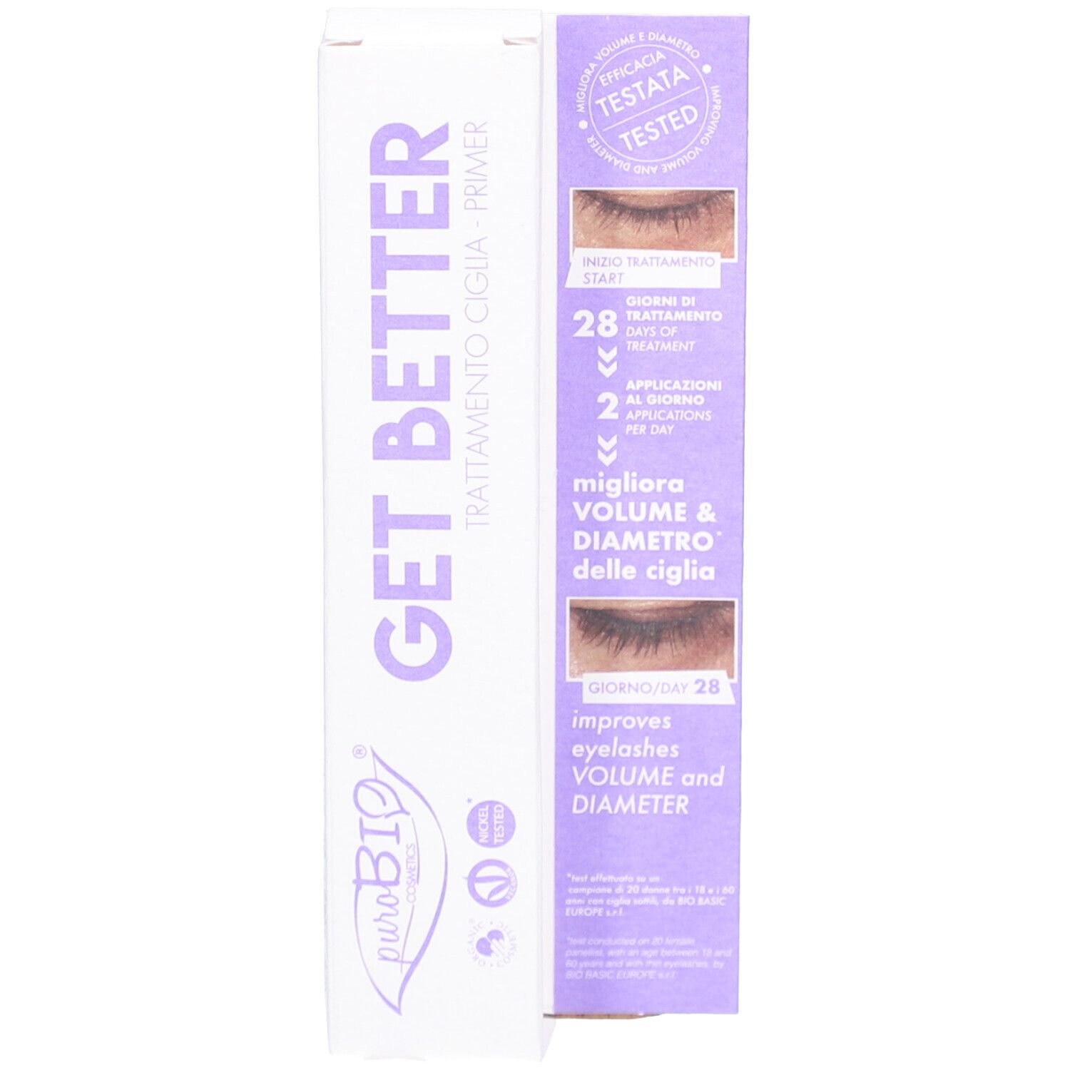 Emballage du produit avec mascara. Texte : GET BETTER, puroBIO. Fond violet.