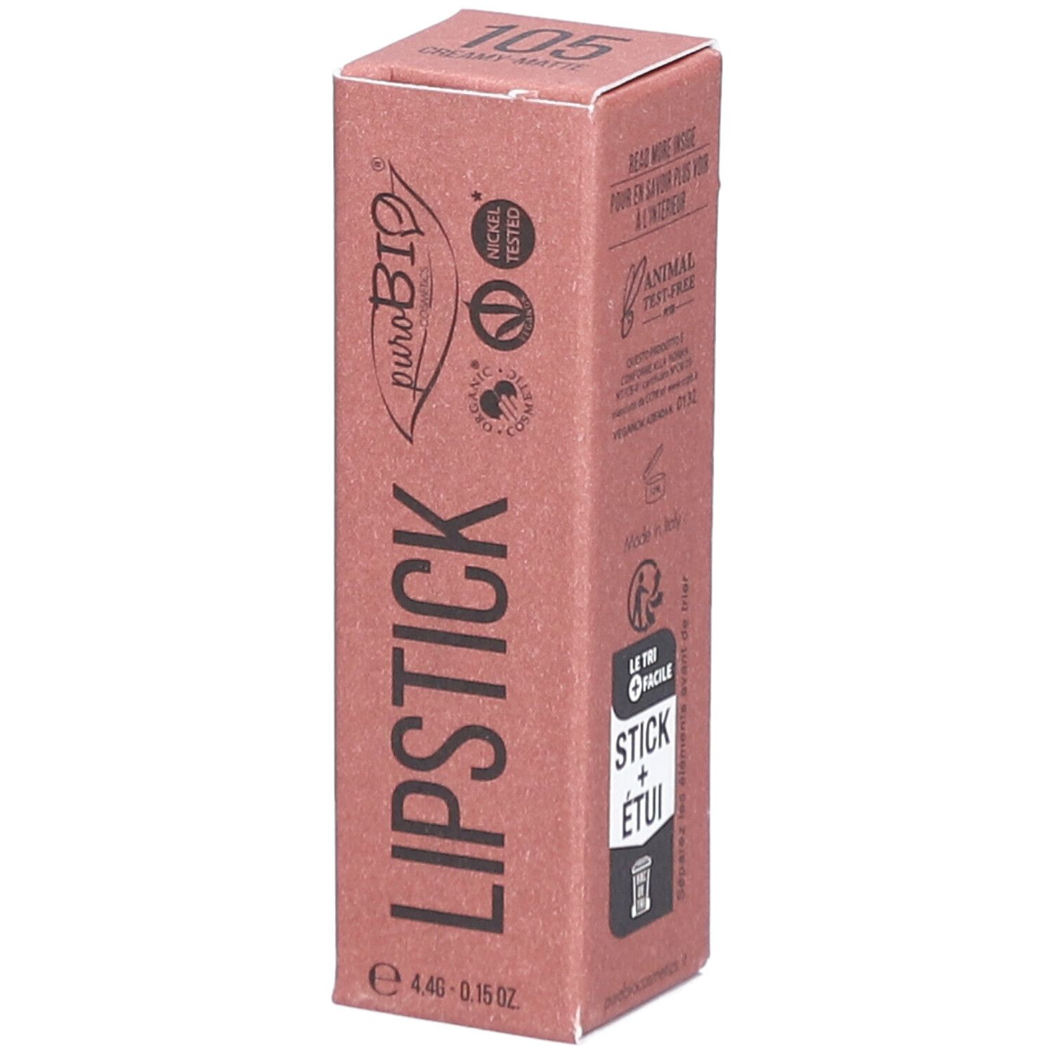 Emballage de rouge à lèvres. Boîte rose avec informations produit. Marque PUROBIO et numéro 105 visibles.